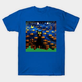 Pixel Night Cat Design on Blue Background T-Shirt